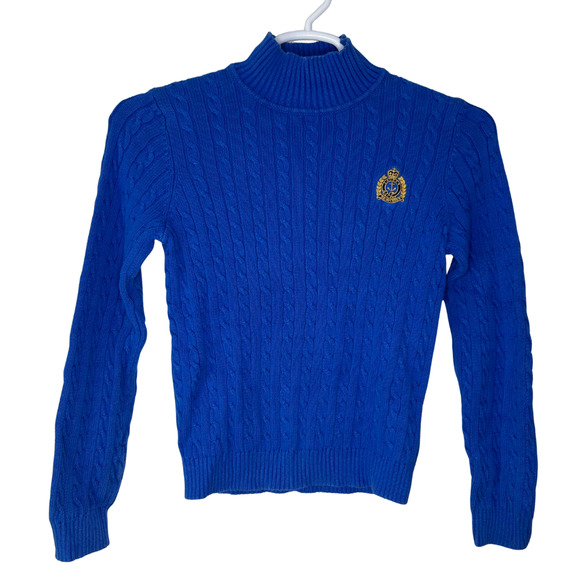 Vintage Lauren Ralph Lauren Sweater Women Small Blue Cable Knit Crest Turtleneck - Picture 1 of 5